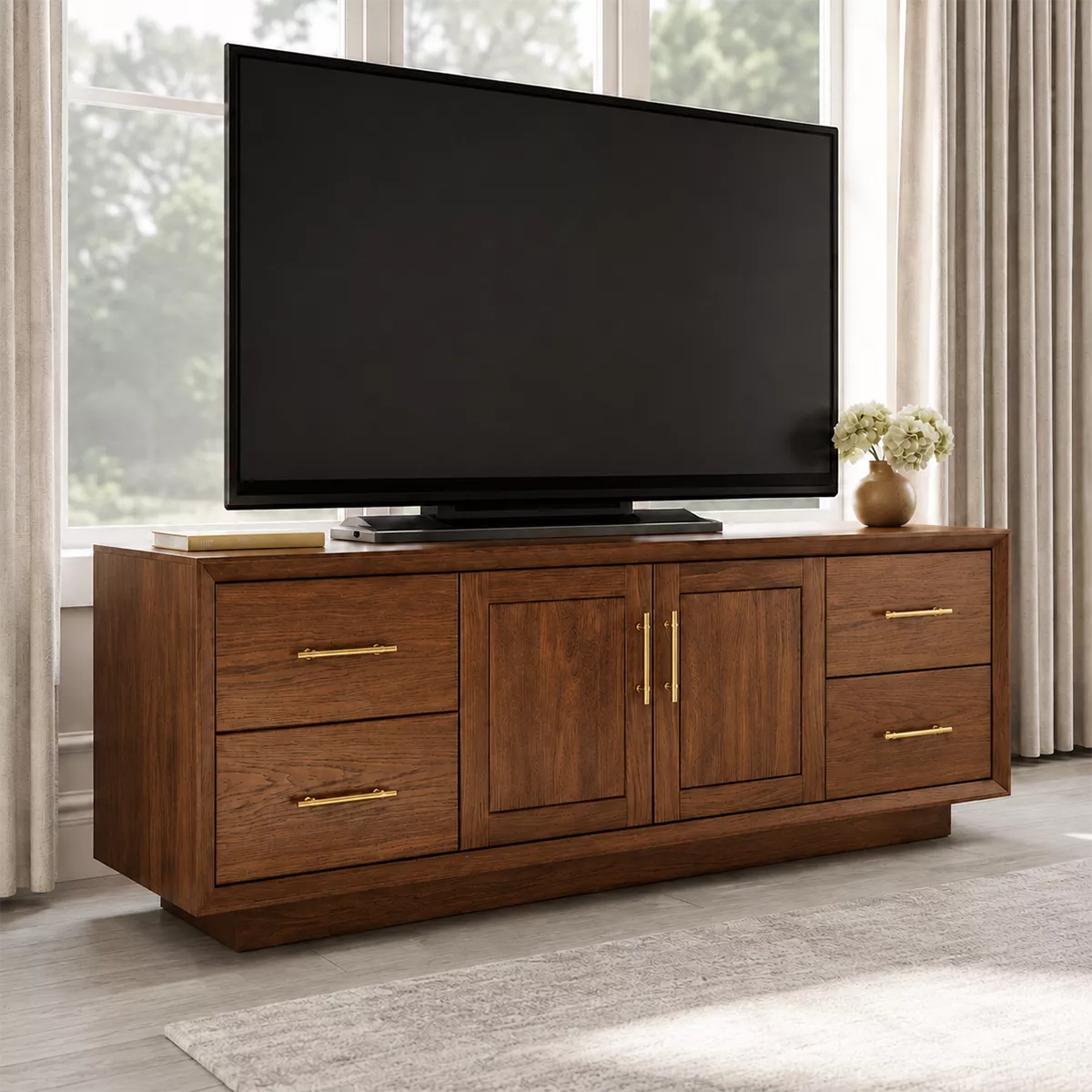 Natural Solid Wood TV Stand with Four Drawers Cabinet Doors Modern - Livewoodcraft - 9