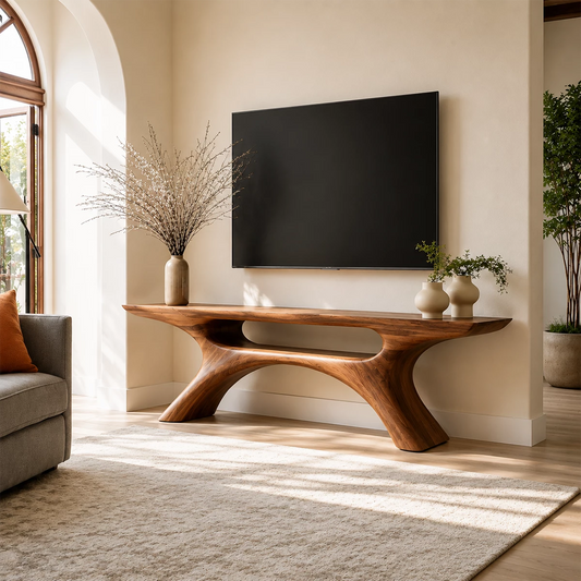 Natural Solid Wood TV Stand with Open Media Shelf and Sculptural Branch Base - Echotimber