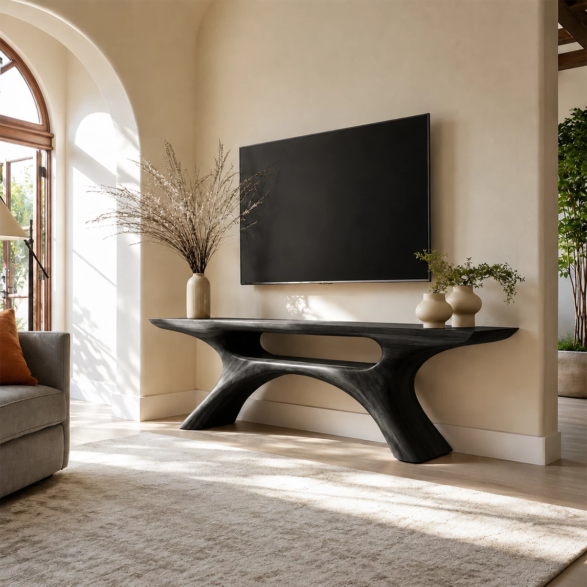Natural Solid Wood TV Stand with Open Media Shelf and Sculptural Branch Base - Livewoodcraft - 3