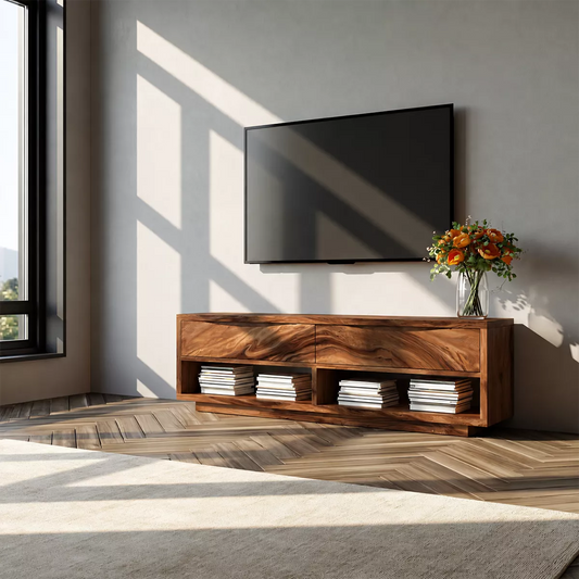 Natural Solid Wood TV Stand With Open Media Shelves And Hidden Drawer Storage For Living Room - Echotimber