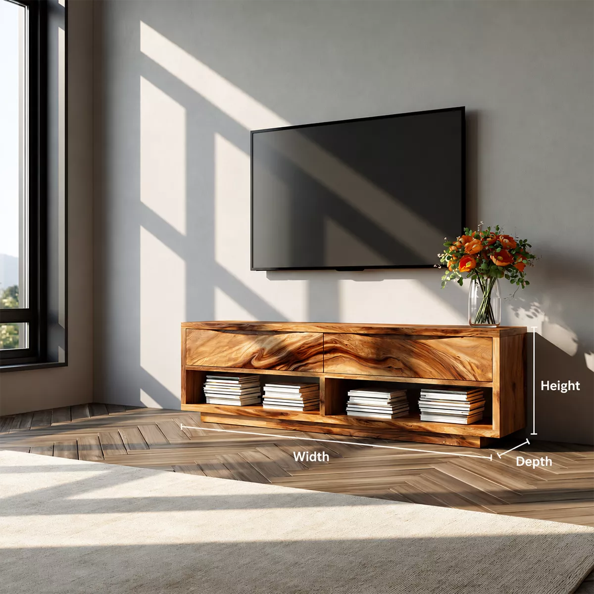 Natural Solid Wood TV Stand With Open Media Shelves And Hidden Drawer Storage For Living Room - Livewoodcraft - 10