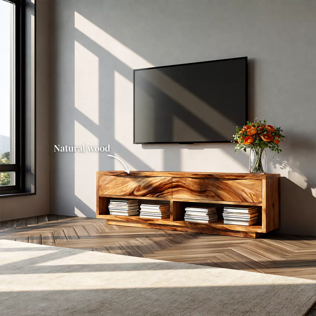 Natural Solid Wood TV Stand With Open Media Shelves And Hidden Drawer Storage For Living Room - Livewoodcraft - 11