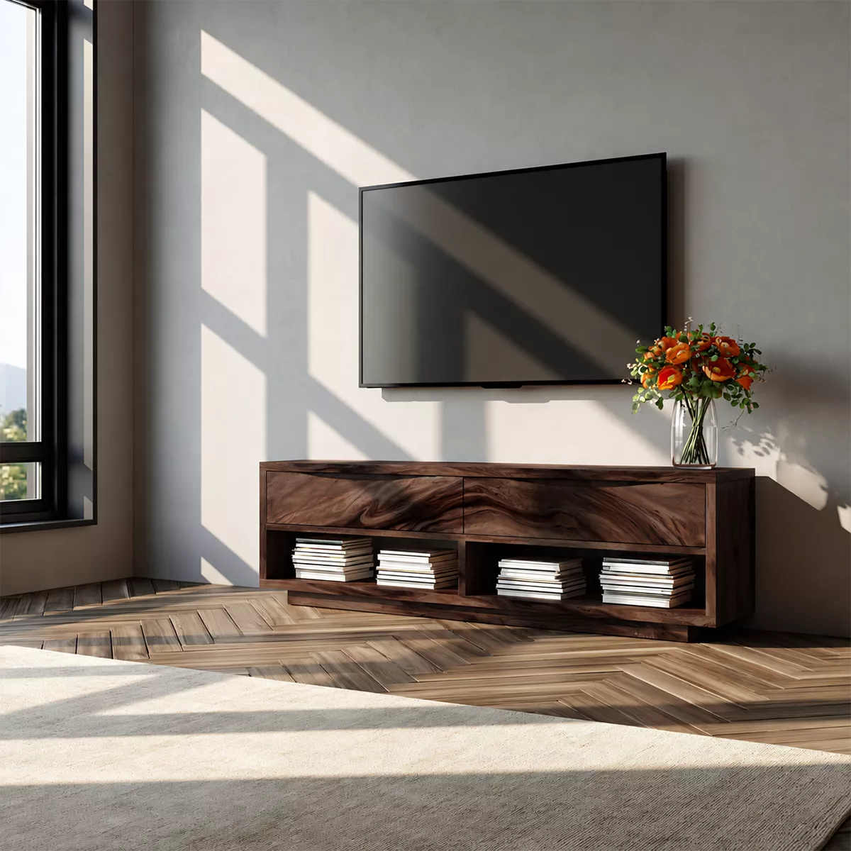 Natural Solid Wood TV Stand With Open Media Shelves And Hidden Drawer Storage For Living Room - Livewoodcraft - 2
