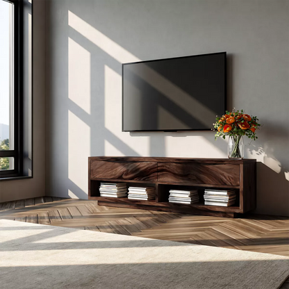 Natural Solid Wood TV Stand With Open Media Shelves And Hidden Drawer Storage For Living Room - Livewoodcraft - 2