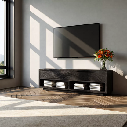 Natural Solid Wood TV Stand With Open Media Shelves And Hidden Drawer Storage For Living Room - Livewoodcraft - 3