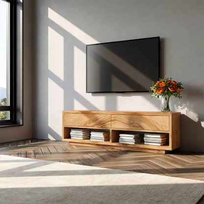 Natural Solid Wood TV Stand With Open Media Shelves And Hidden Drawer Storage For Living Room - Livewoodcraft - 4