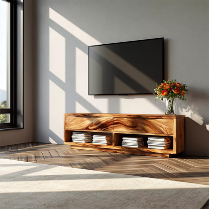 Natural Solid Wood TV Stand With Open Media Shelves And Hidden Drawer Storage For Living Room - Livewoodcraft - 5