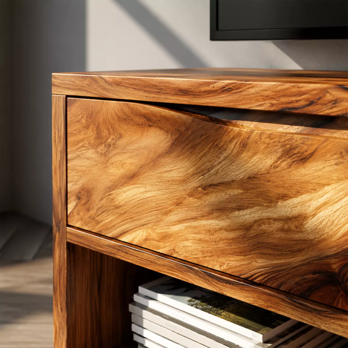 Natural Solid Wood TV Stand With Open Media Shelves And Hidden Drawer Storage For Living Room - Livewoodcraft - 6