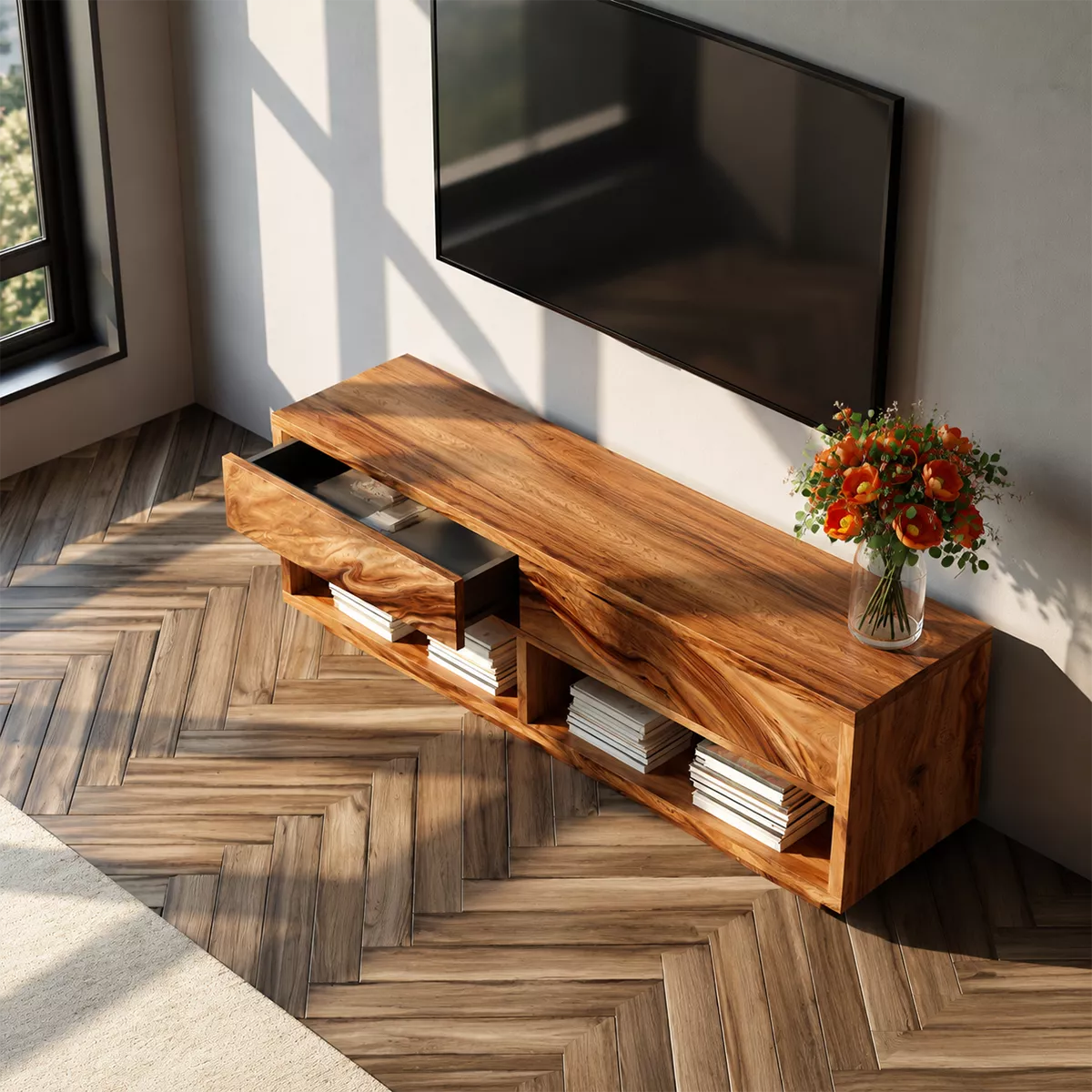 Natural Solid Wood TV Stand With Open Media Shelves And Hidden Drawer Storage For Living Room - Livewoodcraft - 7