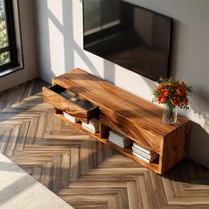 Natural Solid Wood TV Stand With Open Media Shelves And Hidden Drawer Storage For Living Room - Livewoodcraft - 7
