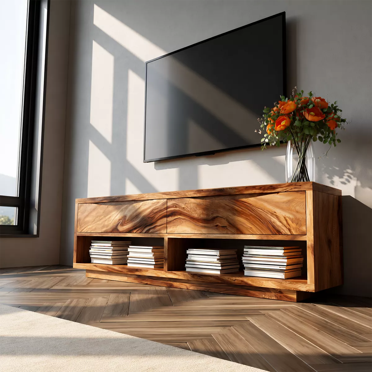Natural Solid Wood TV Stand With Open Media Shelves And Hidden Drawer Storage For Living Room - Livewoodcraft - 8