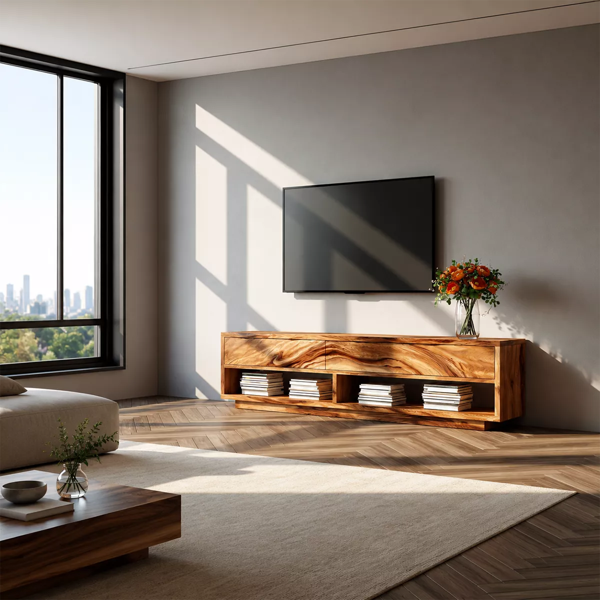 Natural Solid Wood TV Stand With Open Media Shelves And Hidden Drawer Storage For Living Room - Livewoodcraft - 9