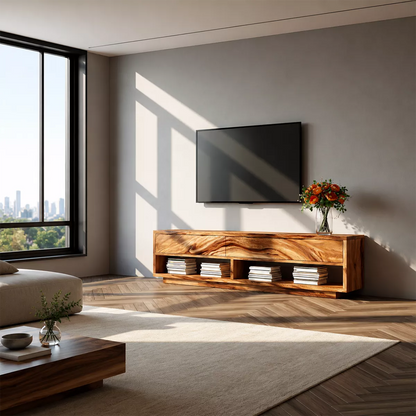 Natural Solid Wood TV Stand With Open Media Shelves And Hidden Drawer Storage For Living Room - Livewoodcraft - 9