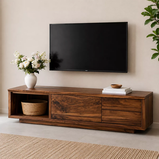 Natural Solid Wood TV Stand with Open Nook Storage Cabinet Japandi - Echotimber