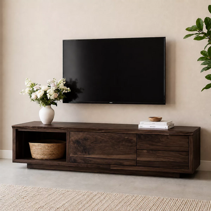 Natural Solid Wood TV Stand with Open Nook Storage Cabinet Japandi - Livewoodcraft - 10