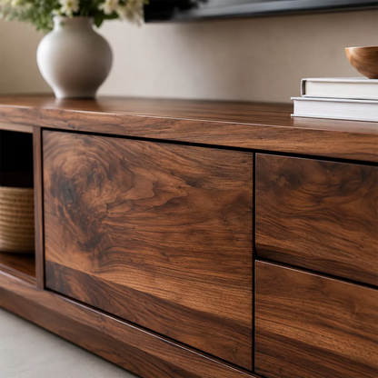 Natural Solid Wood TV Stand with Open Nook Storage Cabinet Japandi - Livewoodcraft - 2