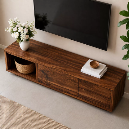 Natural Solid Wood TV Stand with Open Nook Storage Cabinet Japandi - Livewoodcraft - 3