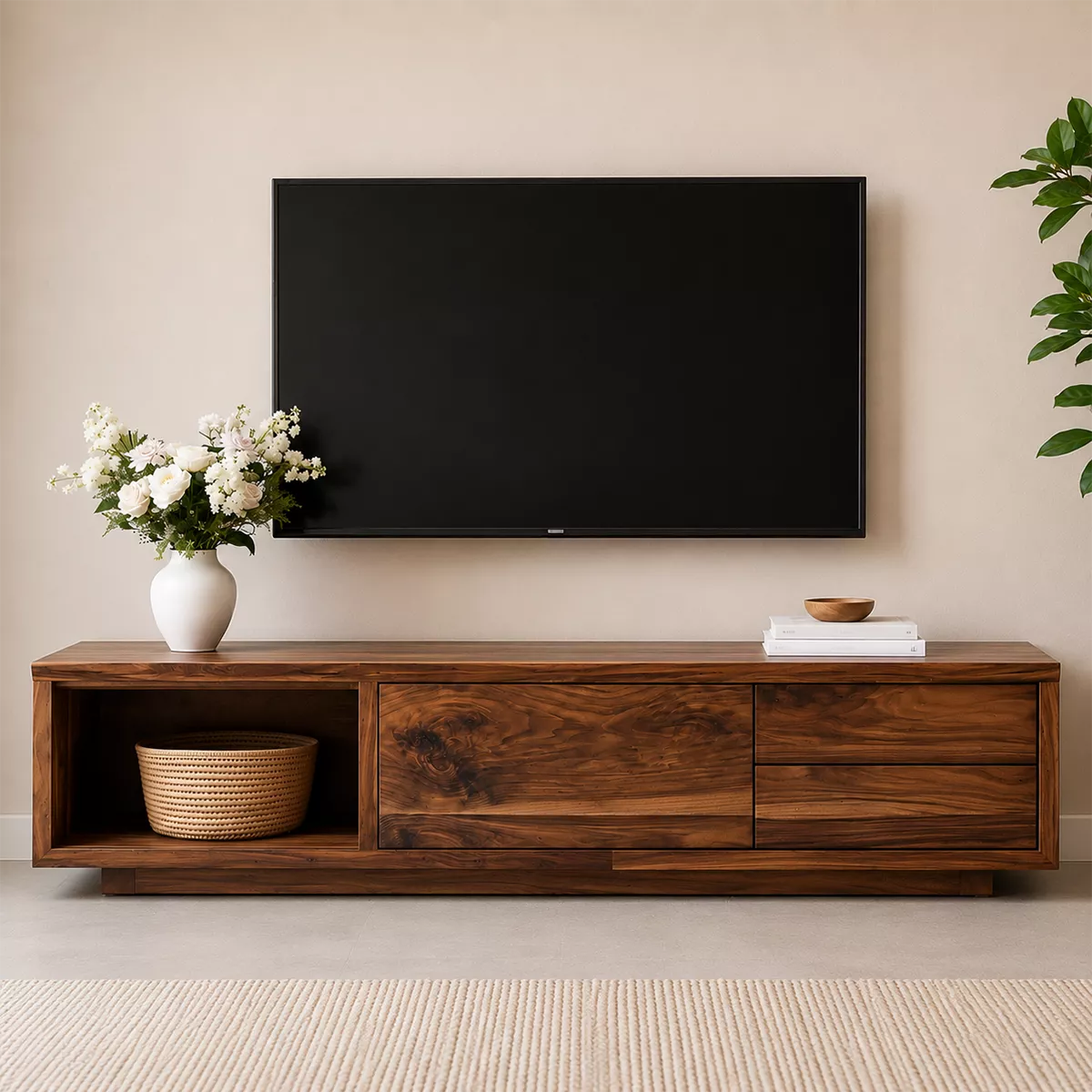 Natural Solid Wood TV Stand with Open Nook Storage Cabinet Japandi - Livewoodcraft - 4