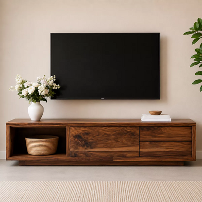 Natural Solid Wood TV Stand with Open Nook Storage Cabinet Japandi - Livewoodcraft - 4