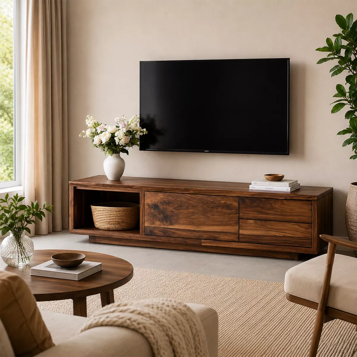 Natural Solid Wood TV Stand with Open Nook Storage Cabinet Japandi - Livewoodcraft - 5