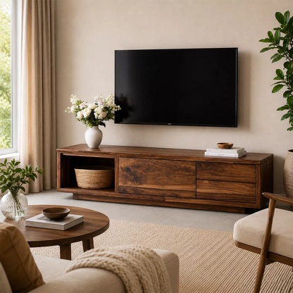 Natural Solid Wood TV Stand with Open Nook Storage Cabinet Japandi - Livewoodcraft - 5