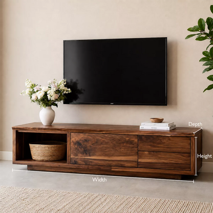 Natural Solid Wood TV Stand with Open Nook Storage Cabinet Japandi - Livewoodcraft - 6