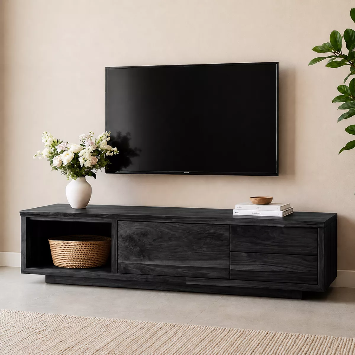 Natural Solid Wood TV Stand with Open Nook Storage Cabinet Japandi - Livewoodcraft - 8