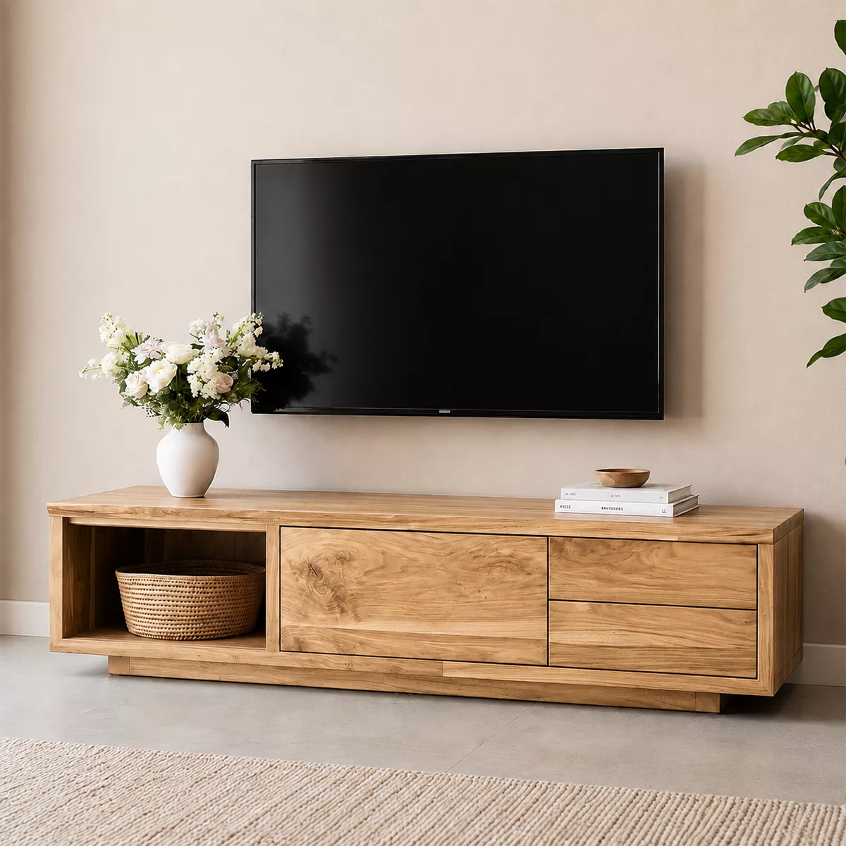 Natural Solid Wood TV Stand with Open Nook Storage Cabinet Japandi - Livewoodcraft - 9