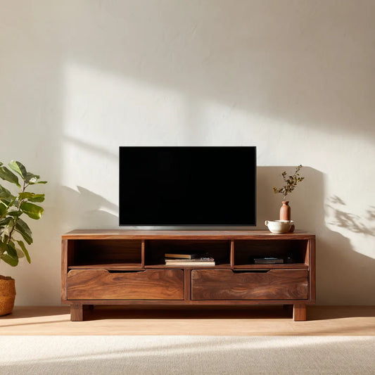 Natural Solid Wood TV Stand with Open Shelves and Dual Drawer Storage - Echotimber