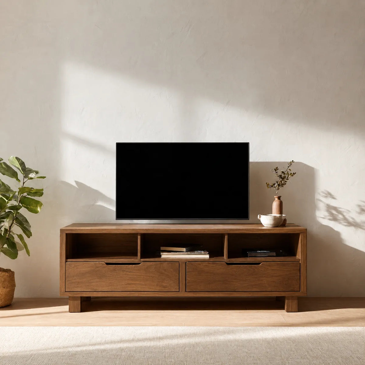Natural Solid Wood TV Stand with Open Shelves and Dual Drawer Storage - Livewoodcraft - 2