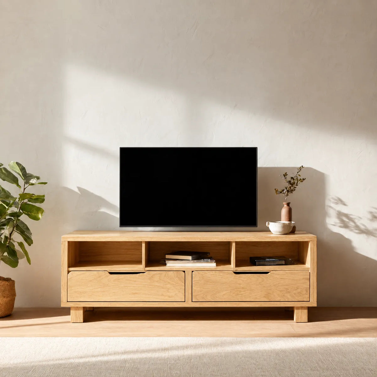Natural Solid Wood TV Stand with Open Shelves and Dual Drawer Storage - Livewoodcraft - 3