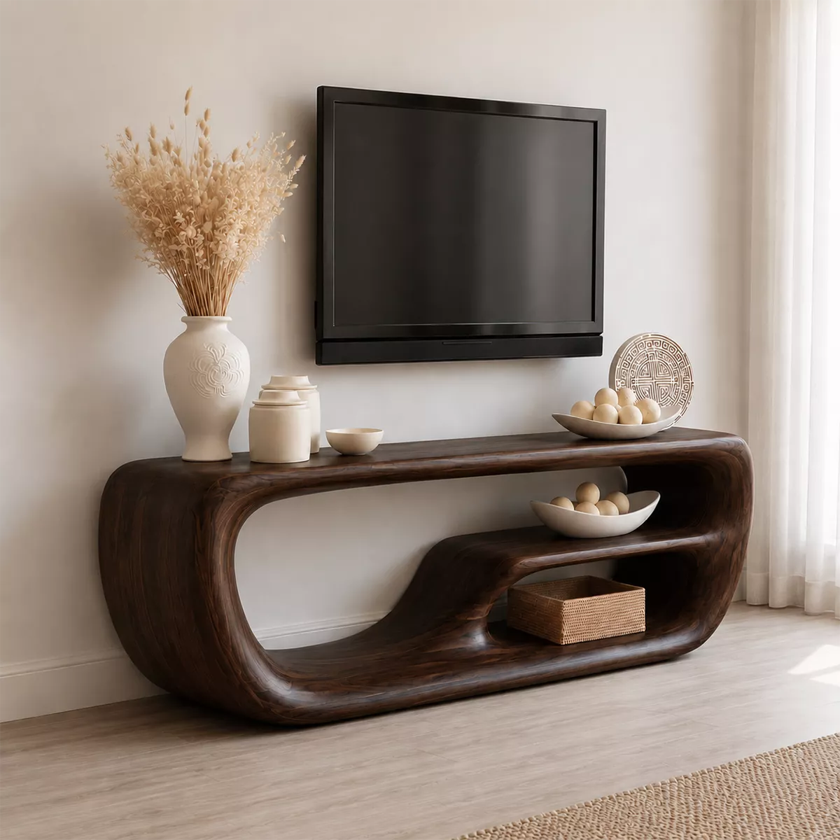 Natural Solid Wood TV Stand with Organic Curved Form Minimalist Design - Livewoodcraft - 10