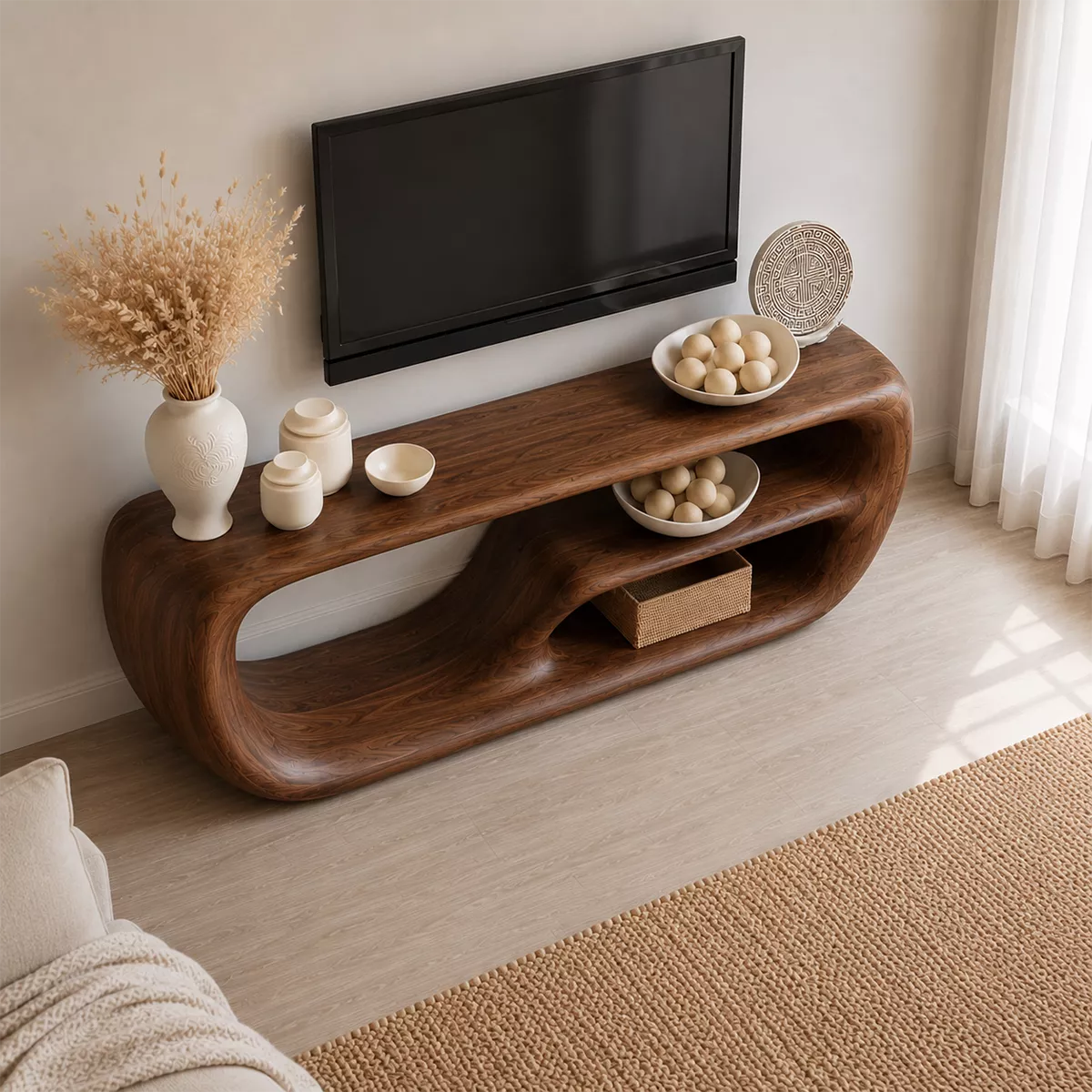Natural Solid Wood TV Stand with Organic Curved Form Minimalist Design - Livewoodcraft - 3
