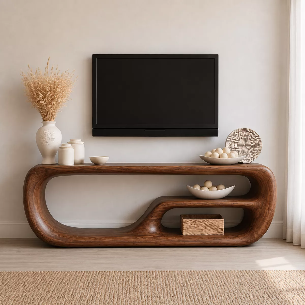 Natural Solid Wood TV Stand with Organic Curved Form Minimalist Design - Livewoodcraft - 4