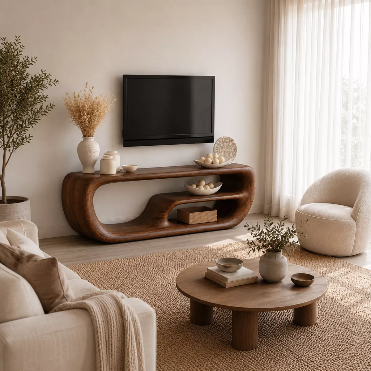 Natural Solid Wood TV Stand with Organic Curved Form Minimalist Design - Livewoodcraft - 5