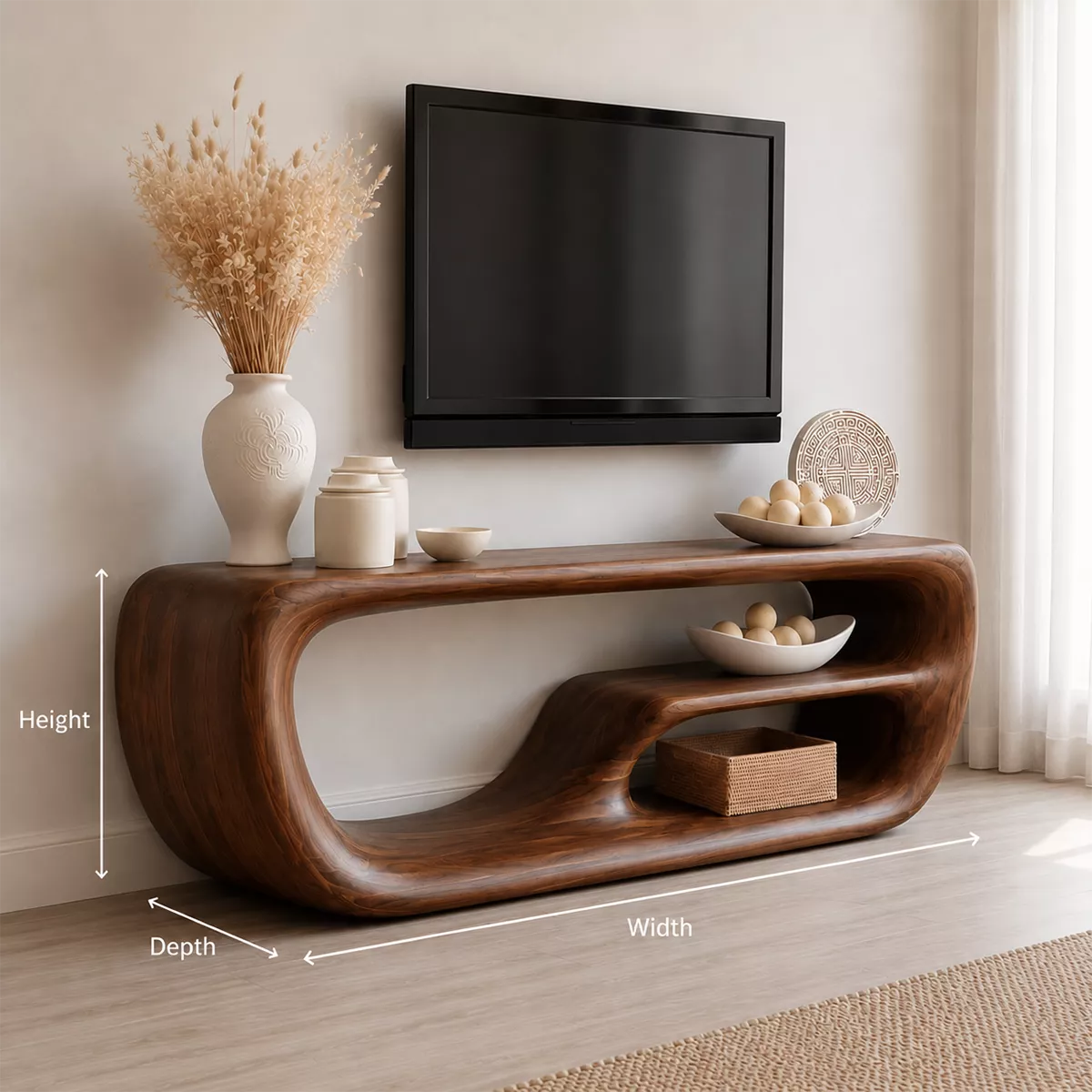 Natural Solid Wood TV Stand with Organic Curved Form Minimalist Design - Livewoodcraft - 6