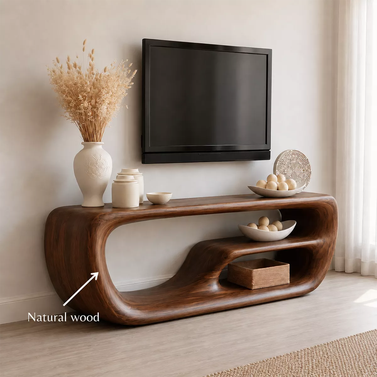 Natural Solid Wood TV Stand with Organic Curved Form Minimalist Design - Livewoodcraft - 7