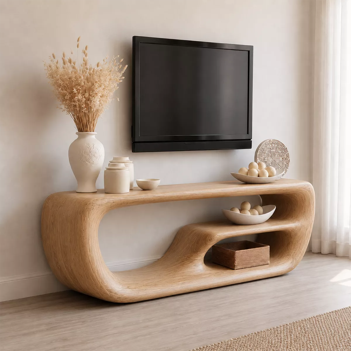 Natural Solid Wood TV Stand with Organic Curved Form Minimalist Design - Livewoodcraft - 9