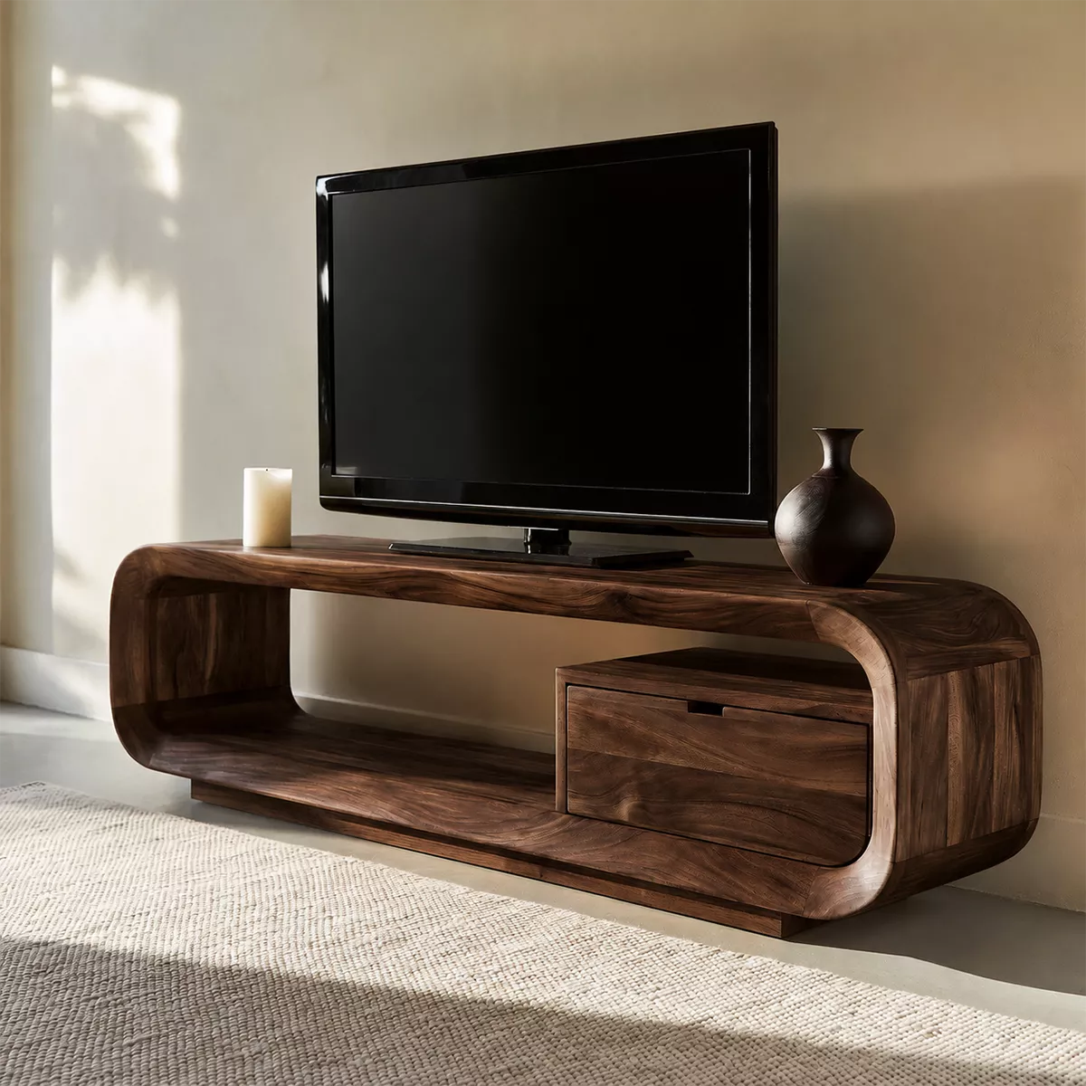 Natural Solid Wood TV Stand with Rounded Form Storage Minimalist Design - Echotimber - 11