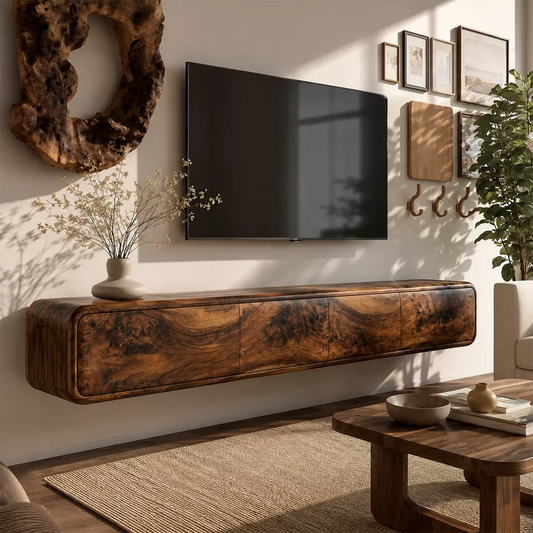 Natural Solid Wood TV Stand with Sculptural Burl Cabinet Doors Japandi - Echotimber