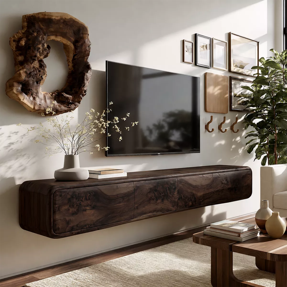 Natural Solid Wood TV Stand with Sculptural Burl Cabinet Doors Japandi - Livewoodcraft - 10