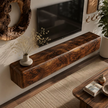 Natural Solid Wood TV Stand with Sculptural Burl Cabinet Doors Japandi - Livewoodcraft - 3