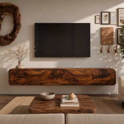 Natural Solid Wood TV Stand with Sculptural Burl Cabinet Doors Japandi - Livewoodcraft - 4