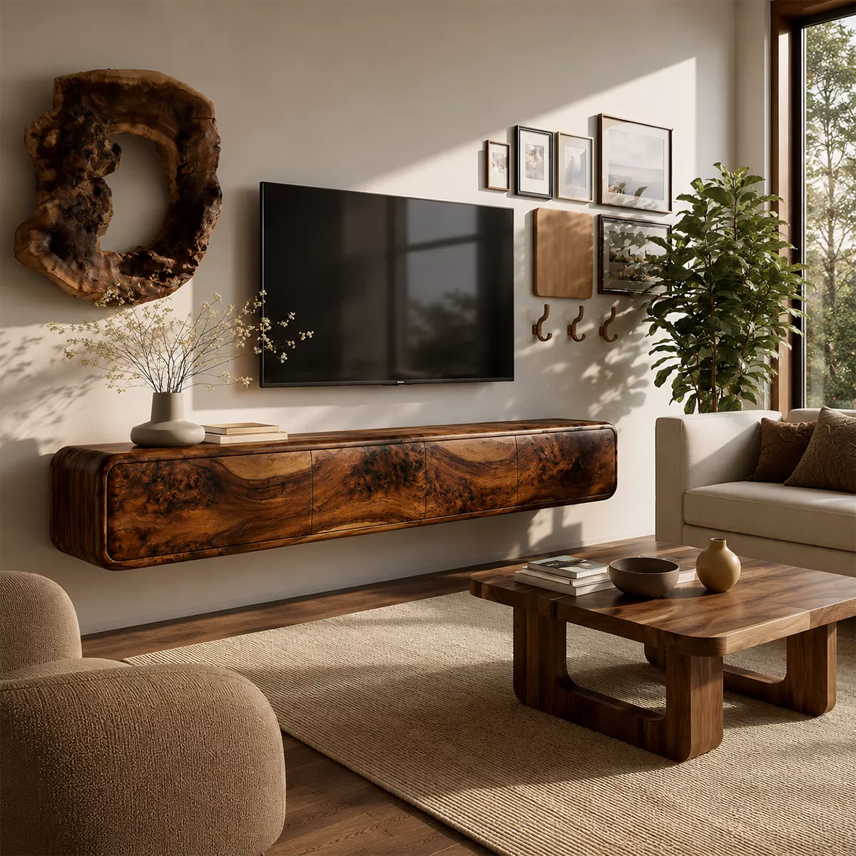 Natural Solid Wood TV Stand with Sculptural Burl Cabinet Doors Japandi - Livewoodcraft - 5
