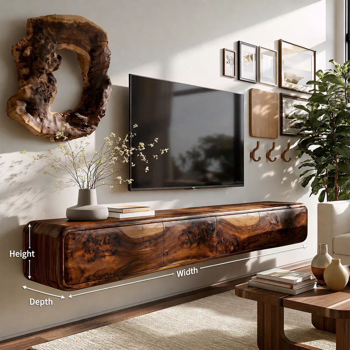 Natural Solid Wood TV Stand with Sculptural Burl Cabinet Doors Japandi - Livewoodcraft - 6