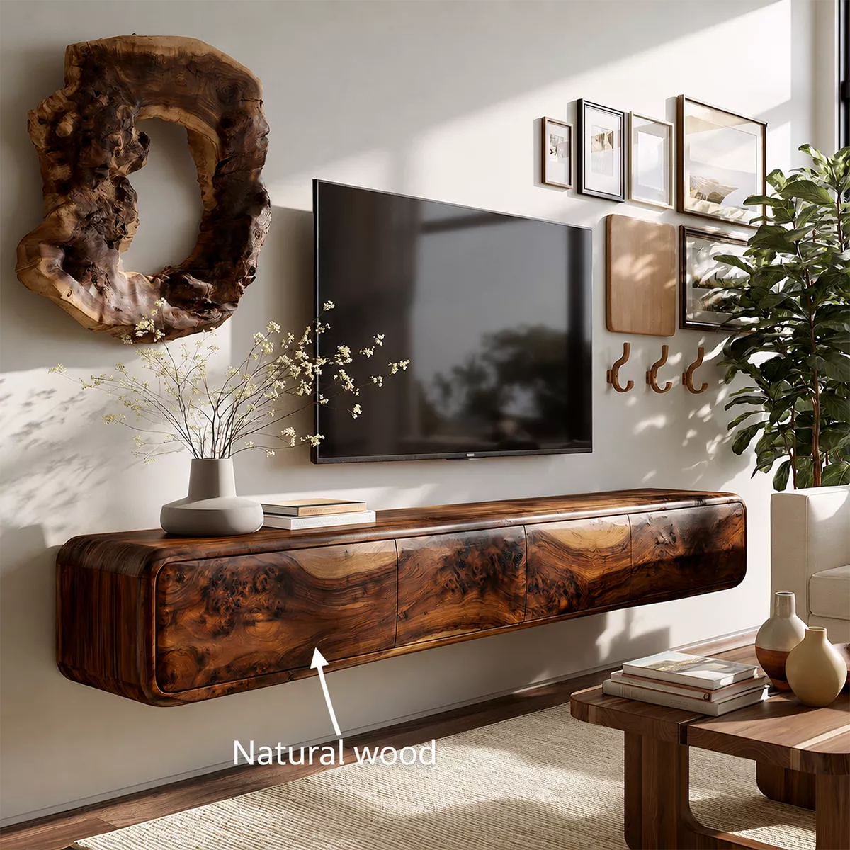 Natural Solid Wood TV Stand with Sculptural Burl Cabinet Doors Japandi - Livewoodcraft - 7
