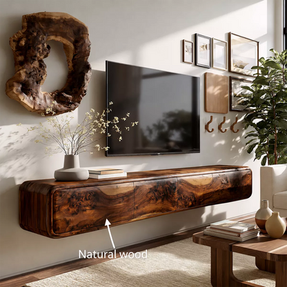 Natural Solid Wood TV Stand with Sculptural Burl Cabinet Doors Japandi - Livewoodcraft - 7