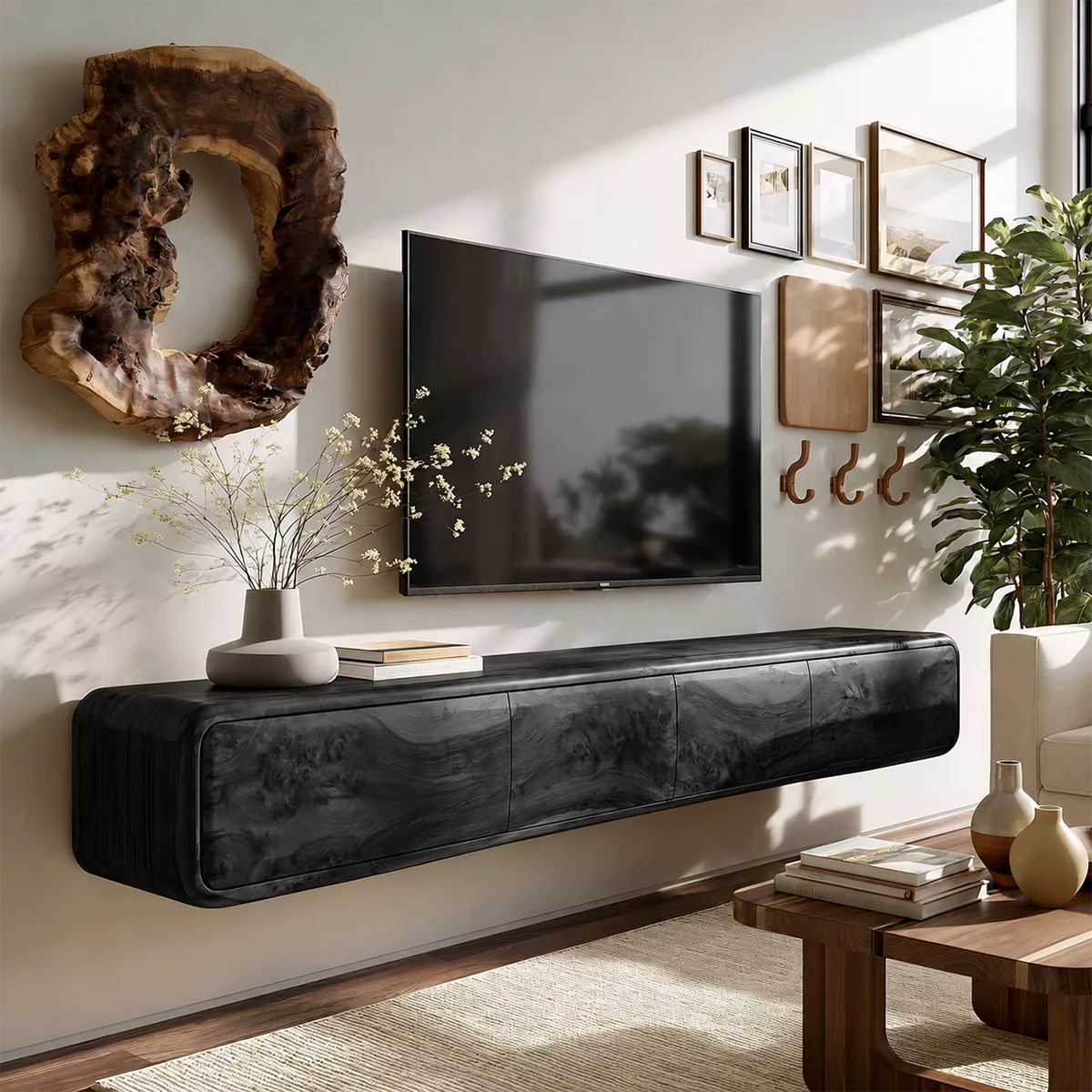 Natural Solid Wood TV Stand with Sculptural Burl Cabinet Doors Japandi - Livewoodcraft - 8