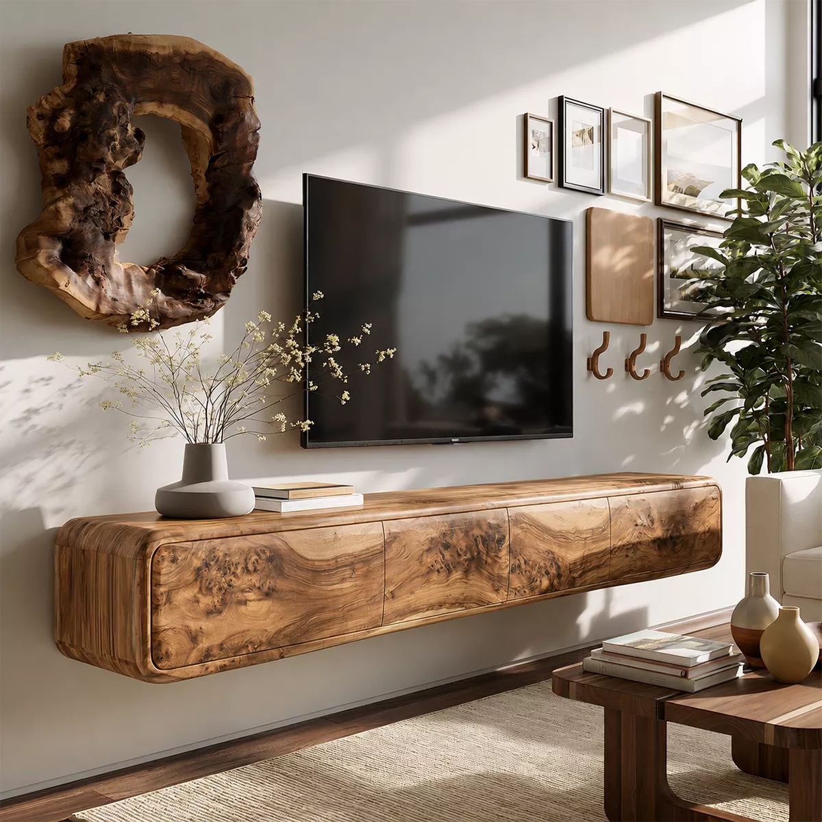 Natural Solid Wood TV Stand with Sculptural Burl Cabinet Doors Japandi - Livewoodcraft - 9