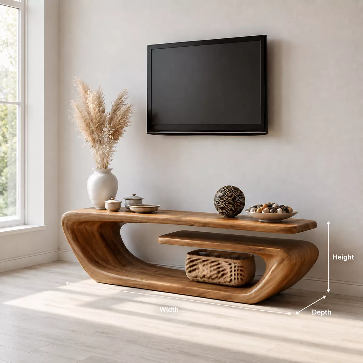 Natural Solid Wood TV Stand with Sculptural Curved Form Minimalist - Livewoodcraft - 10